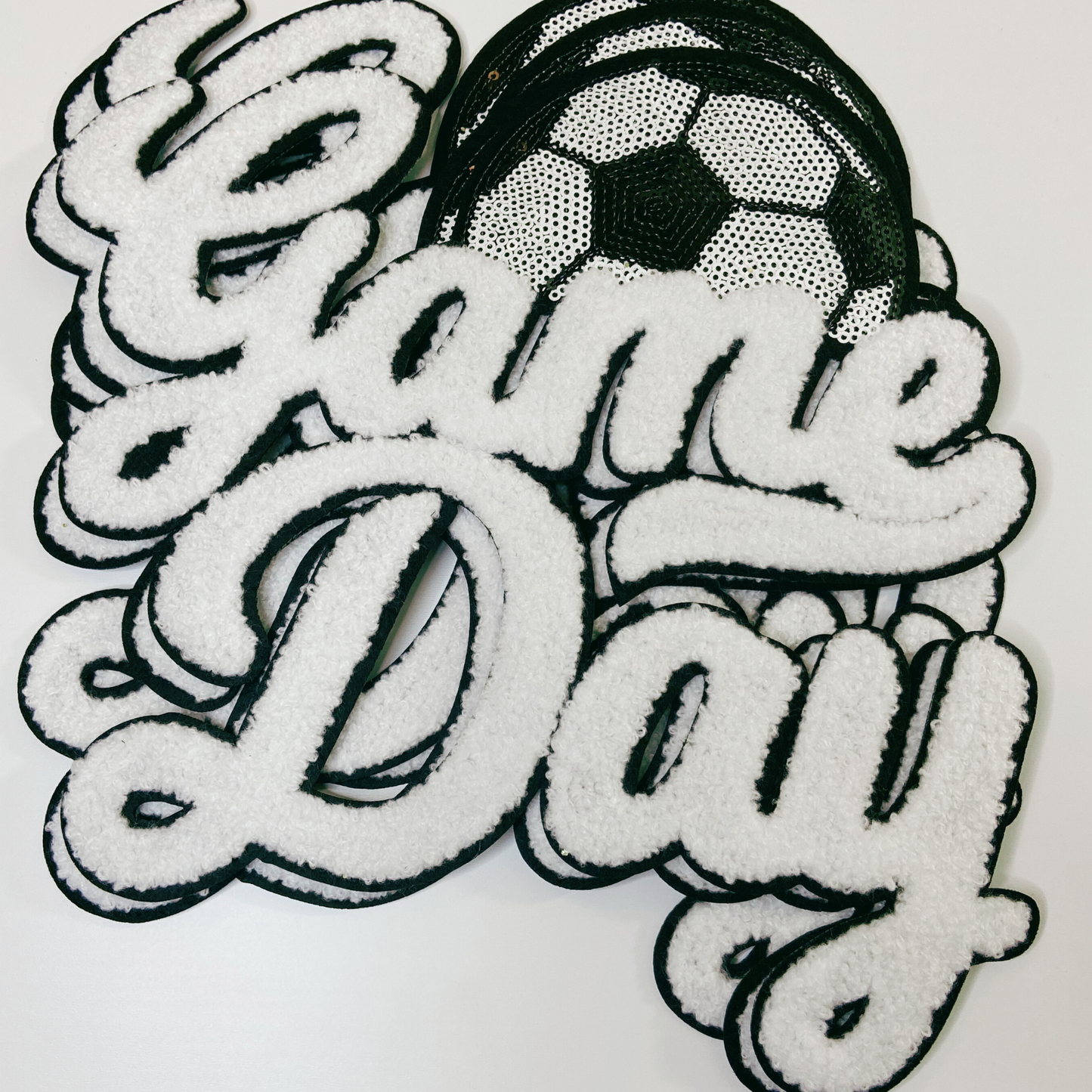 11” GAME DAY Soccer sequins and Chenille Patch in White & Black 11"w