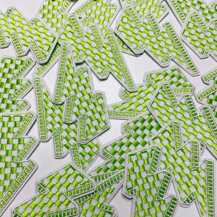 2.5” Checkered Lightning - GREEN &amp; WHITE  - Embroidered Hat Patch