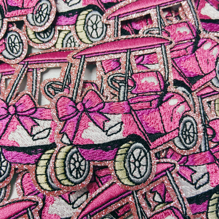 2.5” Golf Cart - Pink glittery   -  Embroidered Hat Patch