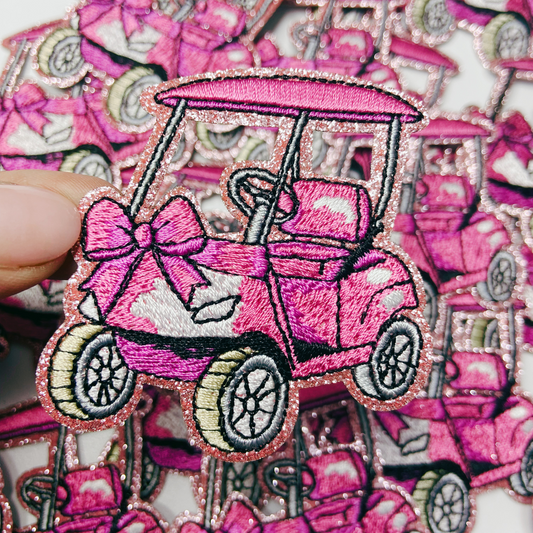 2.5” Golf Cart - Pink glittery - Embroidered Hat Patch