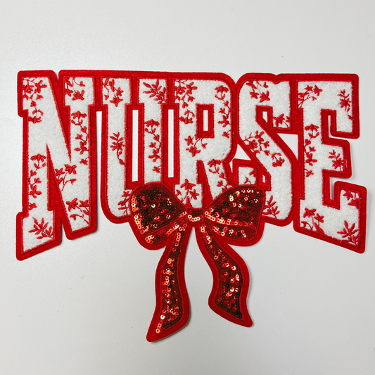 11" Nurse with sequin bow and embroidered Floral RED - Sequin & Chenille Patch