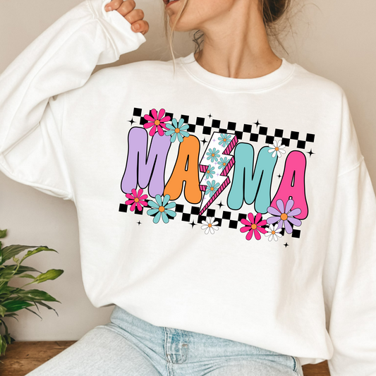 (Shirt not included) MAMA checkered w Lightning and flowers - DTF (COLD PEEL)