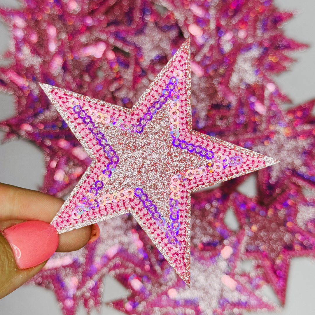 3" Pink Sequin &amp; Glitter STAR - Glitter Embroidered Hat Patch