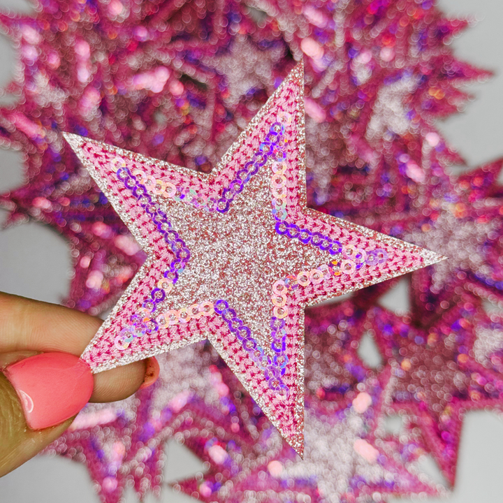 3" Pink Sequin &amp; Glitter STAR - Glitter Embroidered Hat Patch
