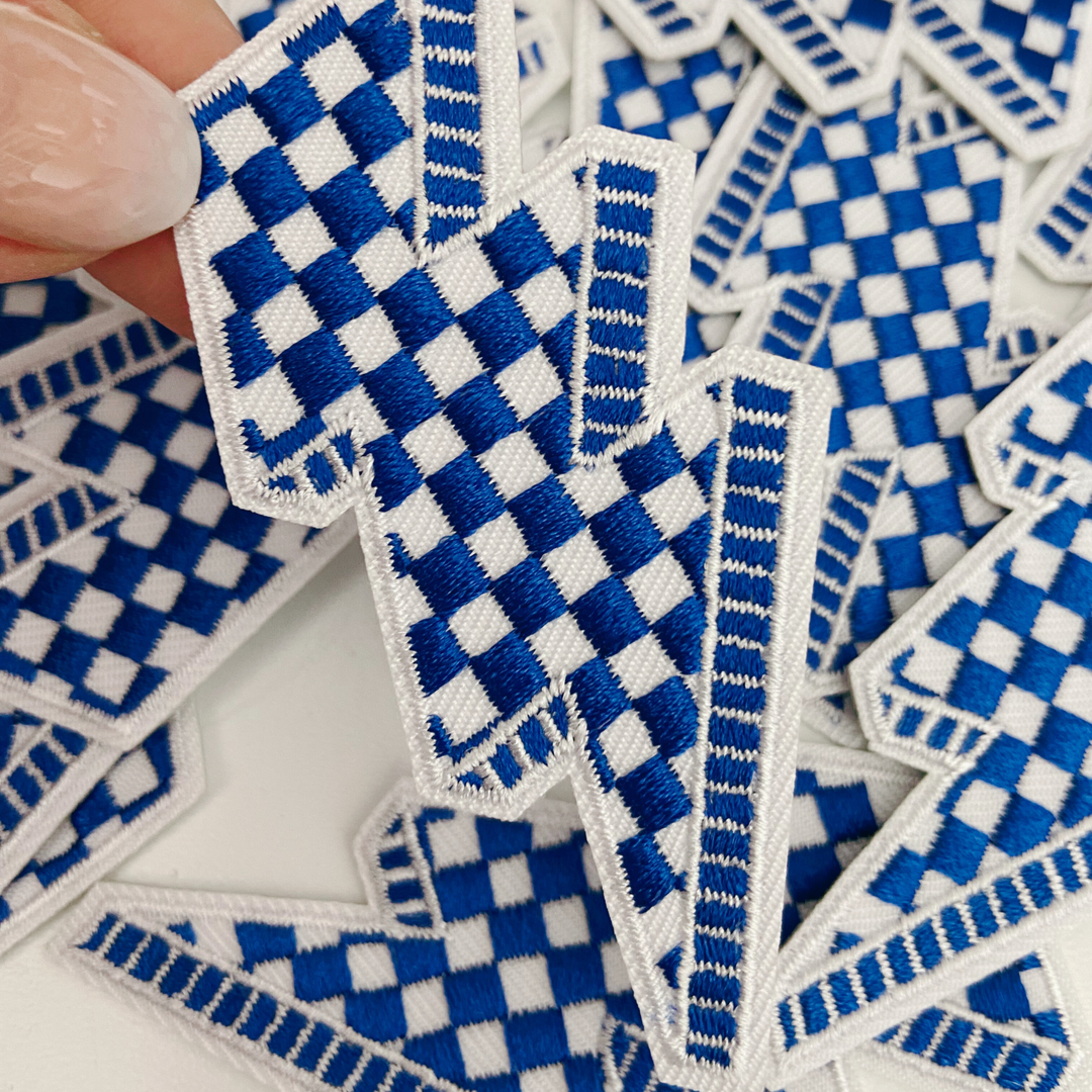 3” Checkered Lightning Blue &amp; White -  Embroidered Hat Patch