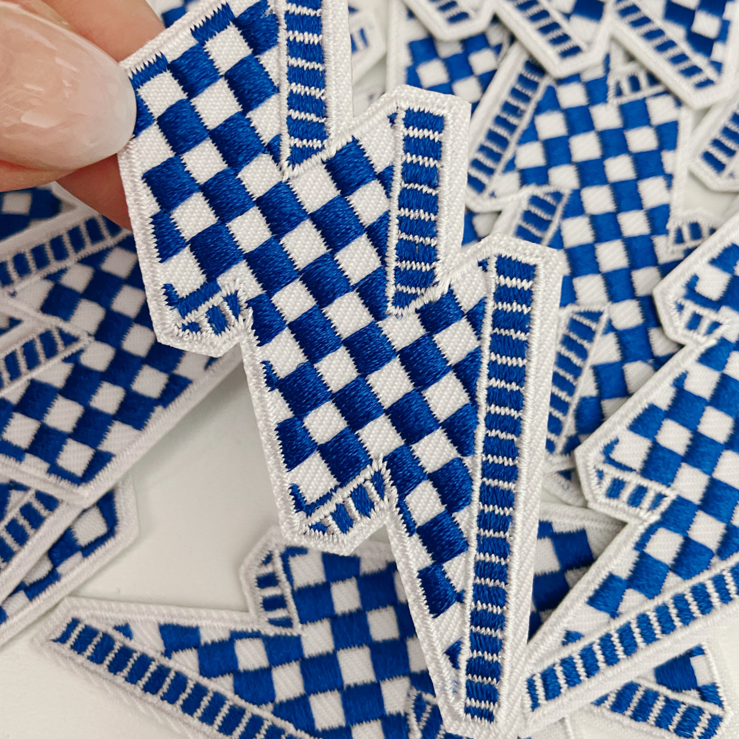 3” Checkered Lightning Blue & White -  Embroidered Hat Patch