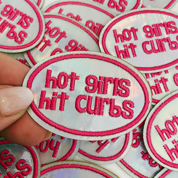 2.5" Hot Girls Hit Curbs PINK &amp; SILVER  -  Embroidered Hat Patch