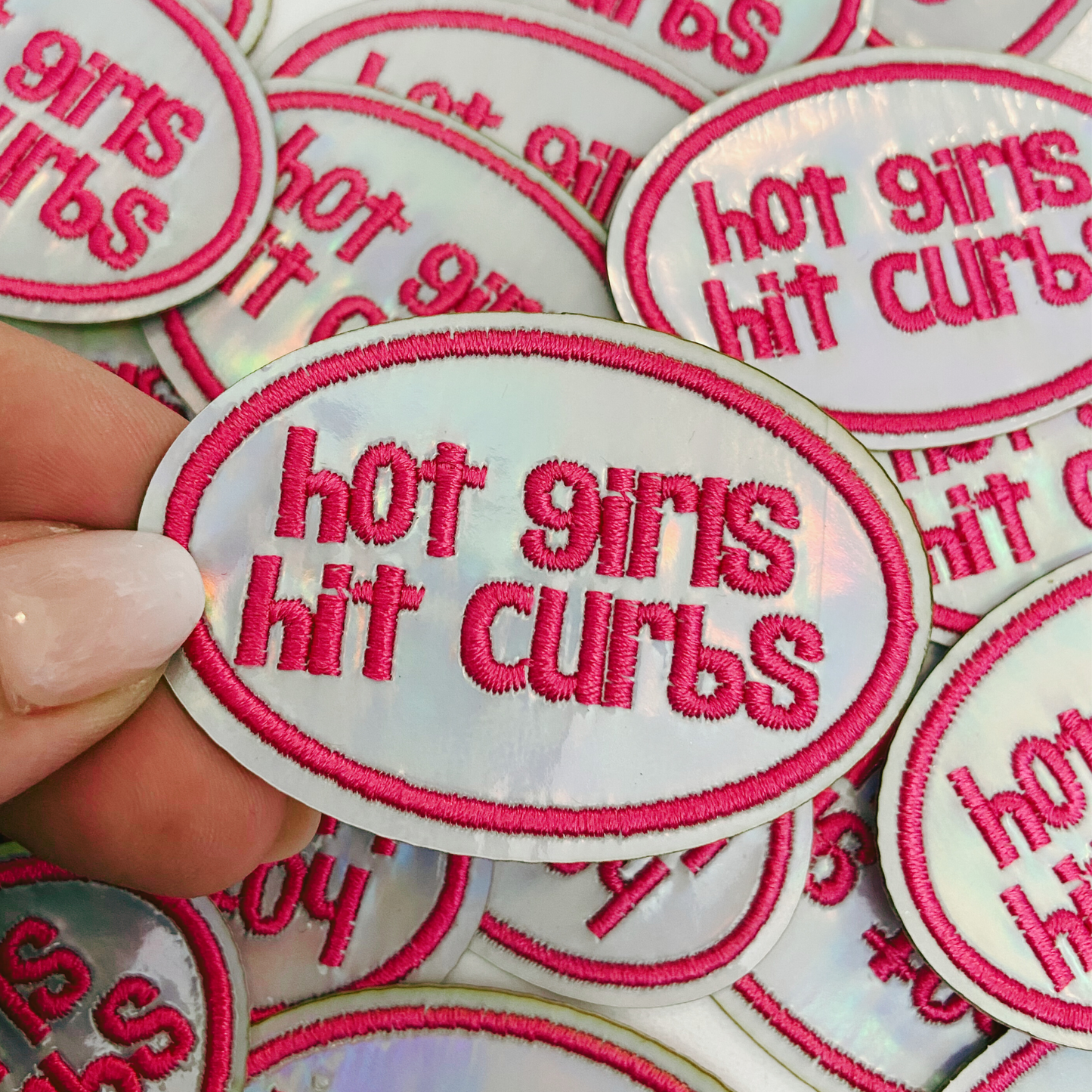 2.5" Hot Girls Hit Curbs PINK & SILVER  -  Embroidered Hat Patch