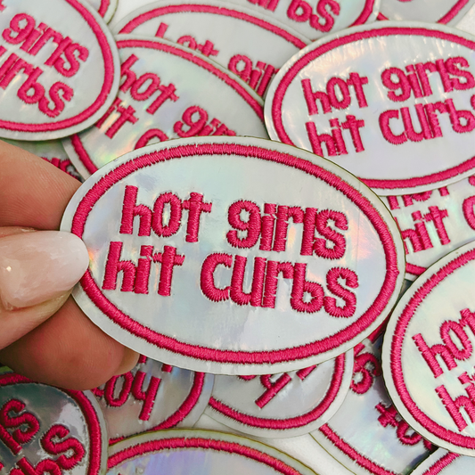 2.5" Hot Girls Hit Curbs PINK & SILVER - Embroidered Hat Patch