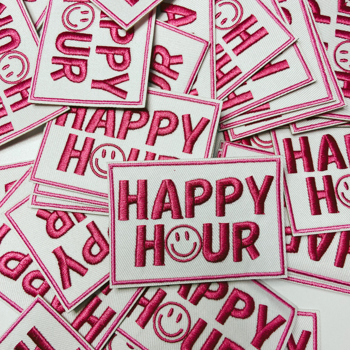 3" Happy Hour w Smiley face -  Embroidered Hat Patch