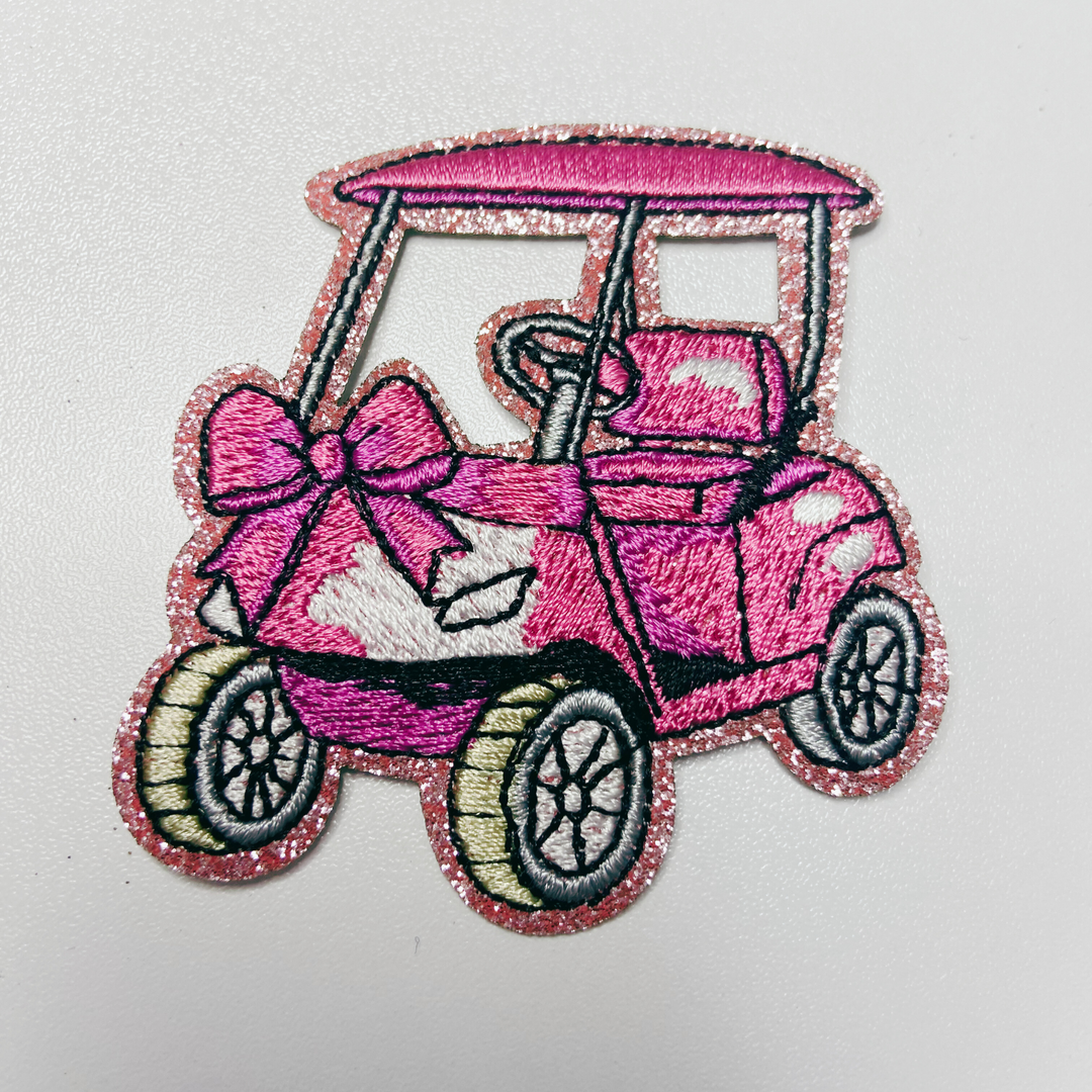 2.5” Golf Cart - Pink glittery   -  Embroidered Hat Patch