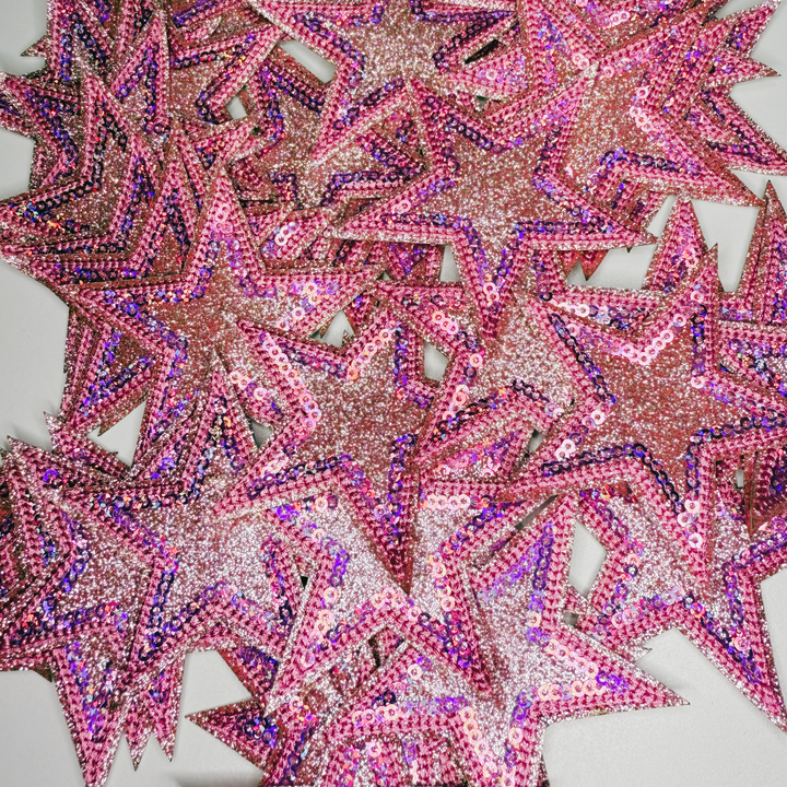 3" Pink Sequin &amp; Glitter STAR - Glitter Embroidered Hat Patch