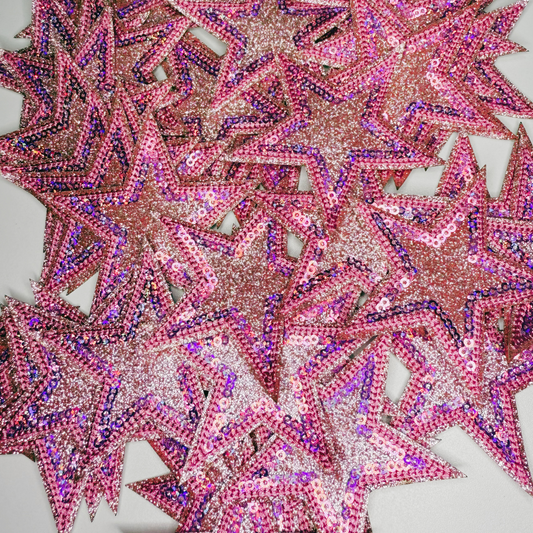 3" Pink Sequin & Glitter STAR - Glitter Embroidered Hat Patch