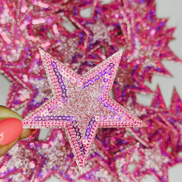 3" Pink Sequin &amp; Glitter STAR - Glitter Embroidered Hat Patch