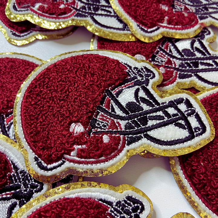 3" x 2.5" Football Helmet chenille hat patch - in Red, Blue, Black, White, Dark Green, Gold &amp; Orange