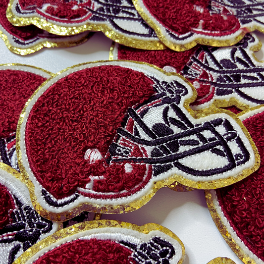 3" x 2.5" Football Helmet chenille hat patch - in Red, Blue, Black, White, Dark Green, Gold & Orange