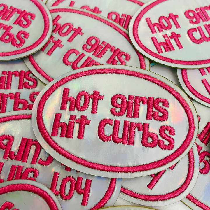 2.5" Hot Girls Hit Curbs PINK &amp; SILVER  -  Embroidered Hat Patch