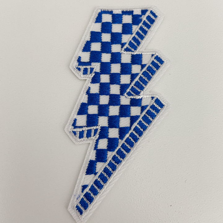 3” Checkered Lightning Blue &amp; White -  Embroidered Hat Patch