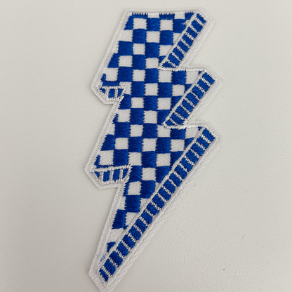 3” Checkered Lightning Blue & White -  Embroidered Hat Patch