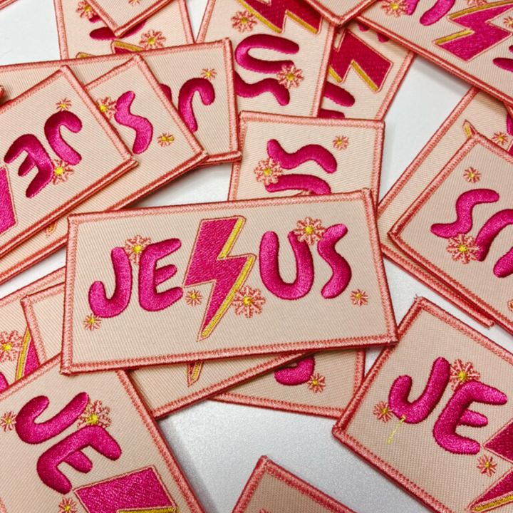 4" JESUS with Lightning and flowers -  Embroidered Hat Patch