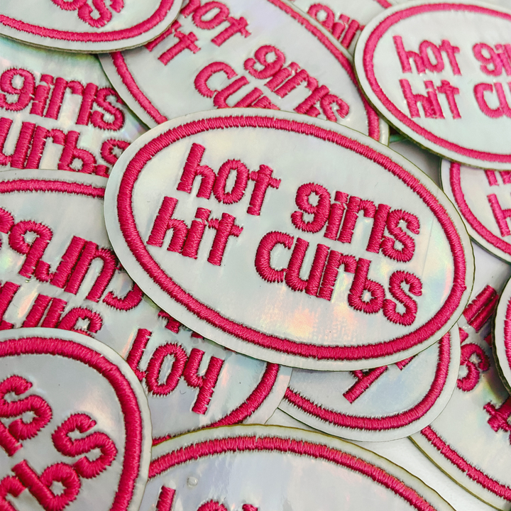 2.5" Hot Girls Hit Curbs PINK &amp; SILVER  -  Embroidered Hat Patch
