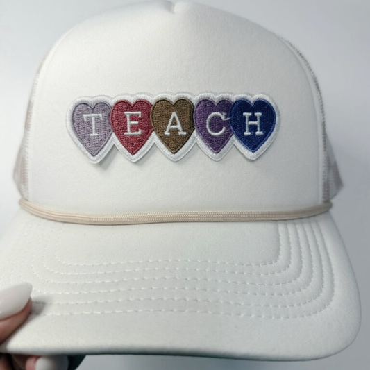 4" TEACH w Hearts  -  Embroidered Hat Patch
