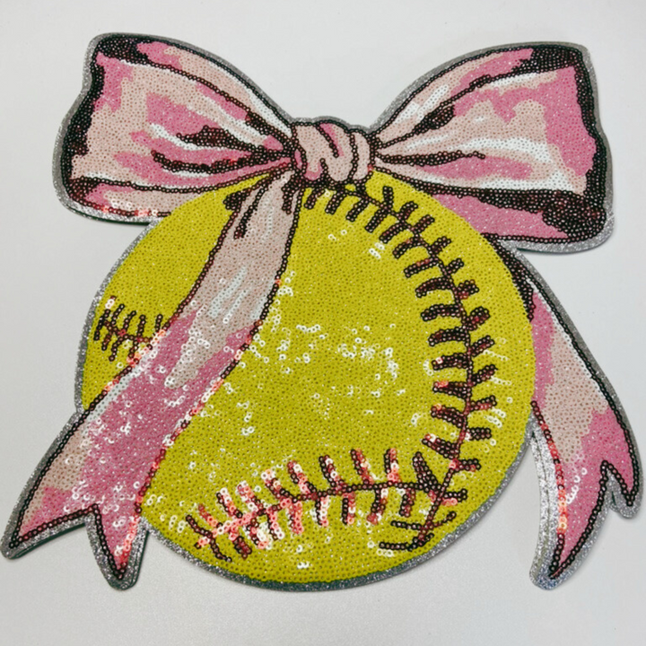 Sequin Softball w Bow  - Sequin Patch