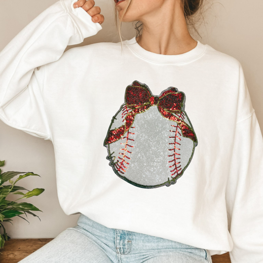 9" x 11" Sequin Baseball w Bow  - Sequin Patch