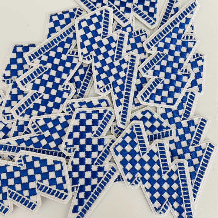 3” Checkered Lightning Blue &amp; White -  Embroidered Hat Patch