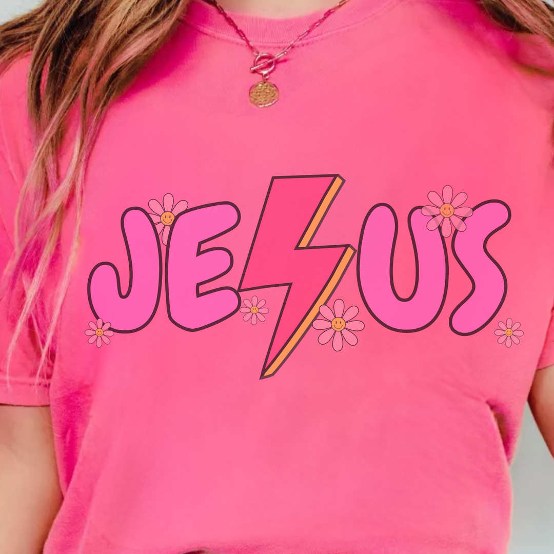 (Shirt not included) JESUS with lightning &amp; flowers - screen Print  Transfer