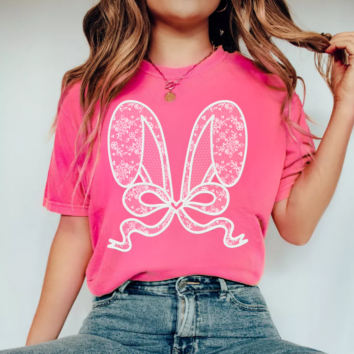 (Shirt not included) Lace Bunny ears in White -  Screen Print Transfer