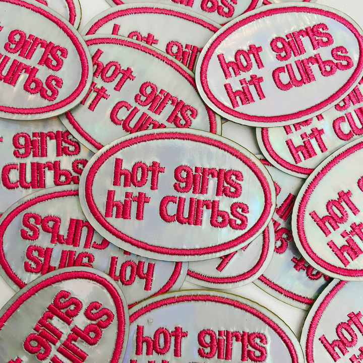 2.5" Hot Girls Hit Curbs PINK &amp; SILVER  -  Embroidered Hat Patch