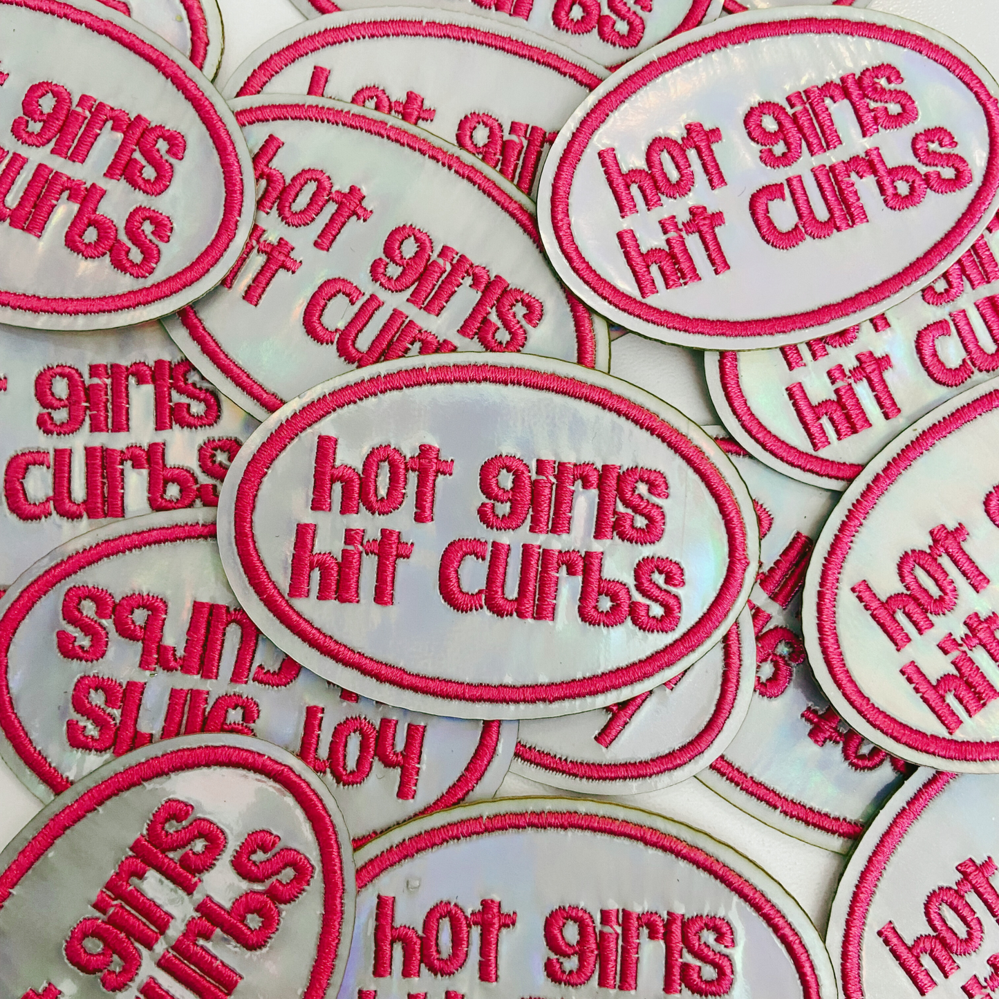 2.5" Hot Girls Hit Curbs PINK & SILVER  -  Embroidered Hat Patch