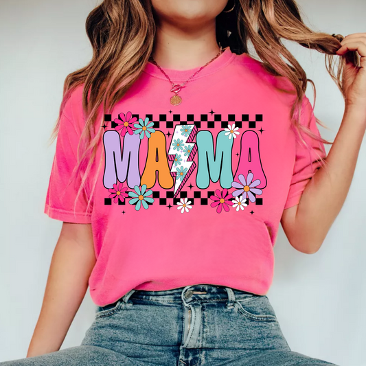 (Shirt not included) MAMA checkered w Lightning and flowers - DTF (COLD PEEL)