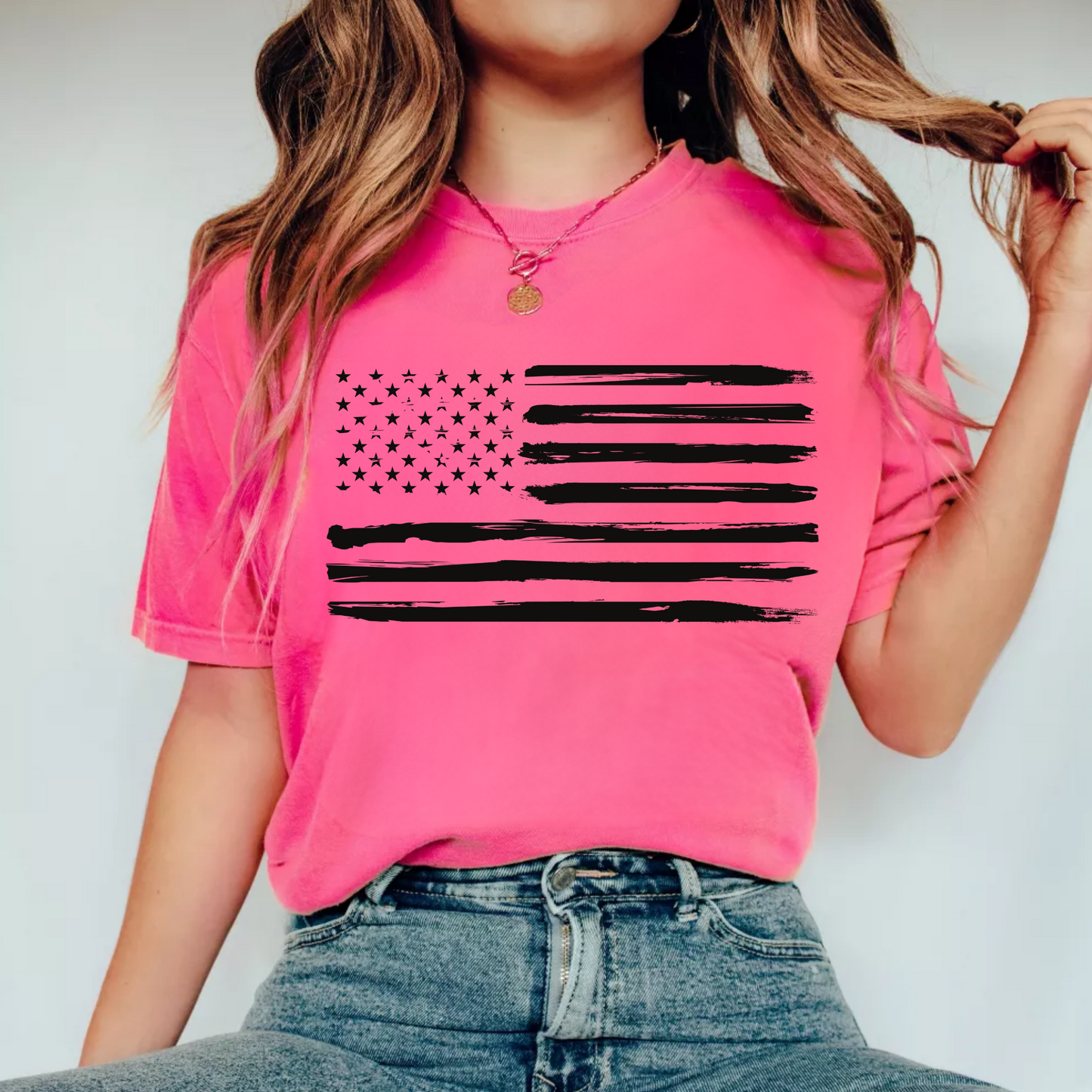(Shirt not included) Distressed American Flag - Black  Screen print Transfer