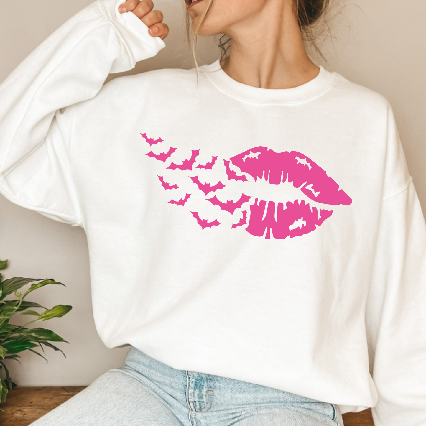 (Shirt not included) Halloween Lips w Bats in neon pink - PUFF Transfer