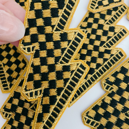 3” Checkered Lightning Metallic Gold - Embroidered Hat Patch