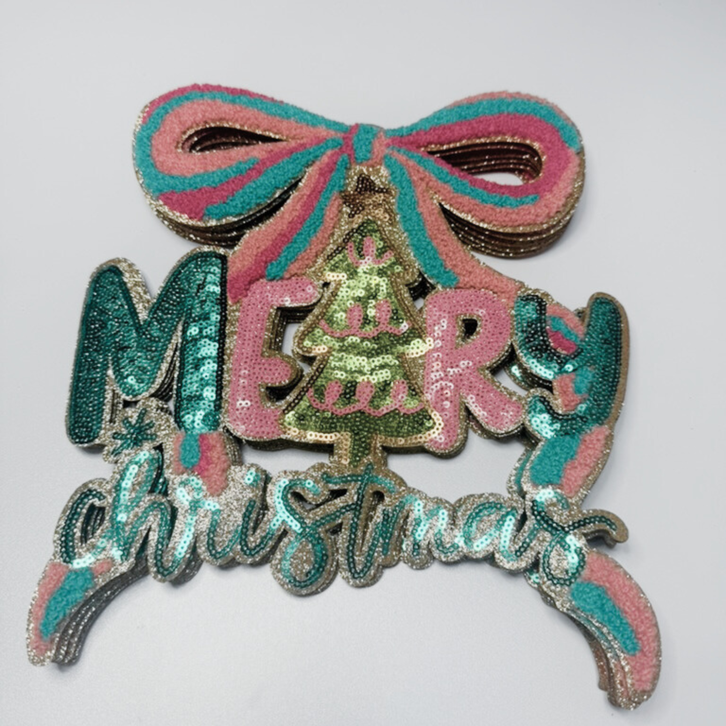 10.5"  Merry Christmas With Bow - Chenille & SEQUIN Patch