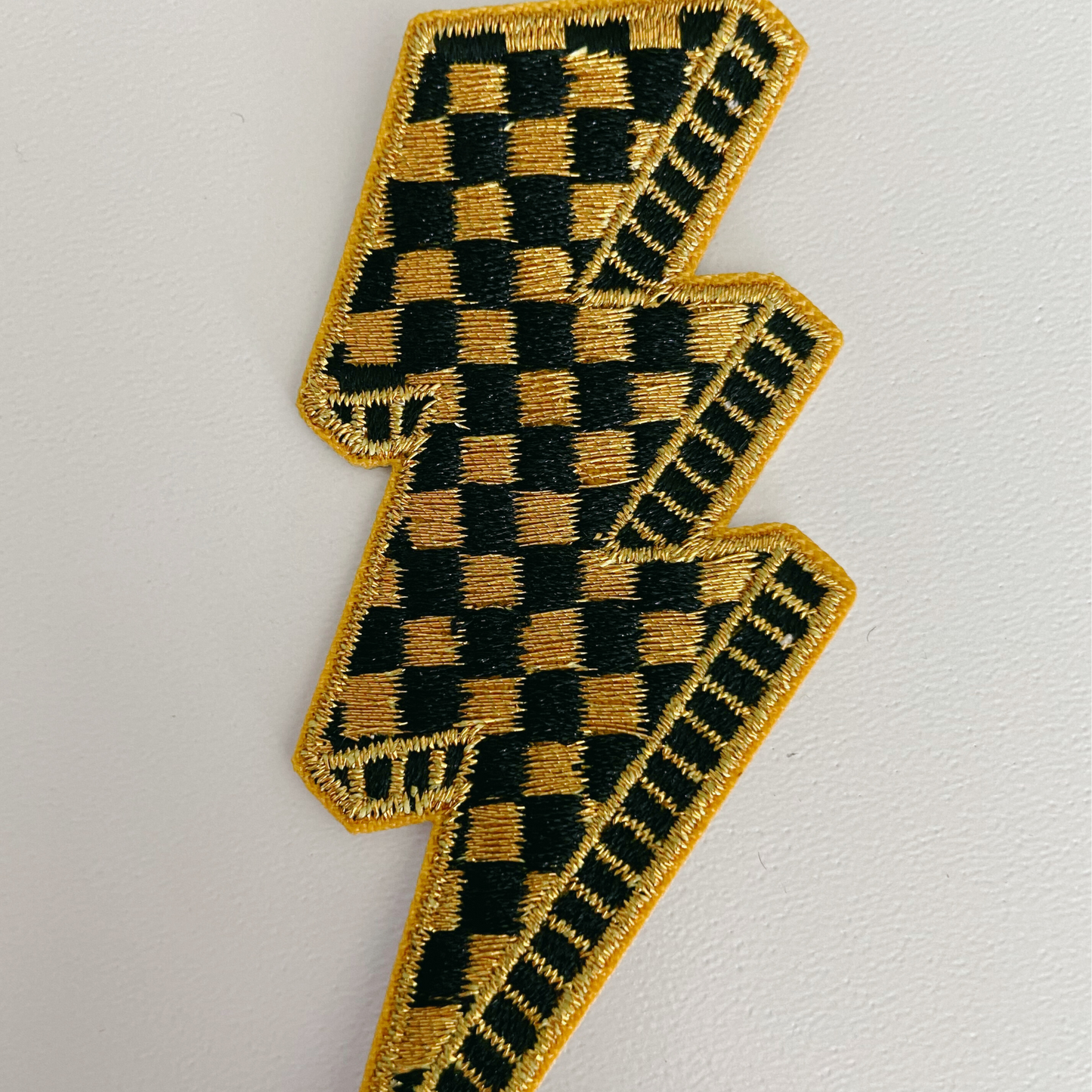 3” Checkered Lightning Metallic Gold - Embroidered Hat Patch