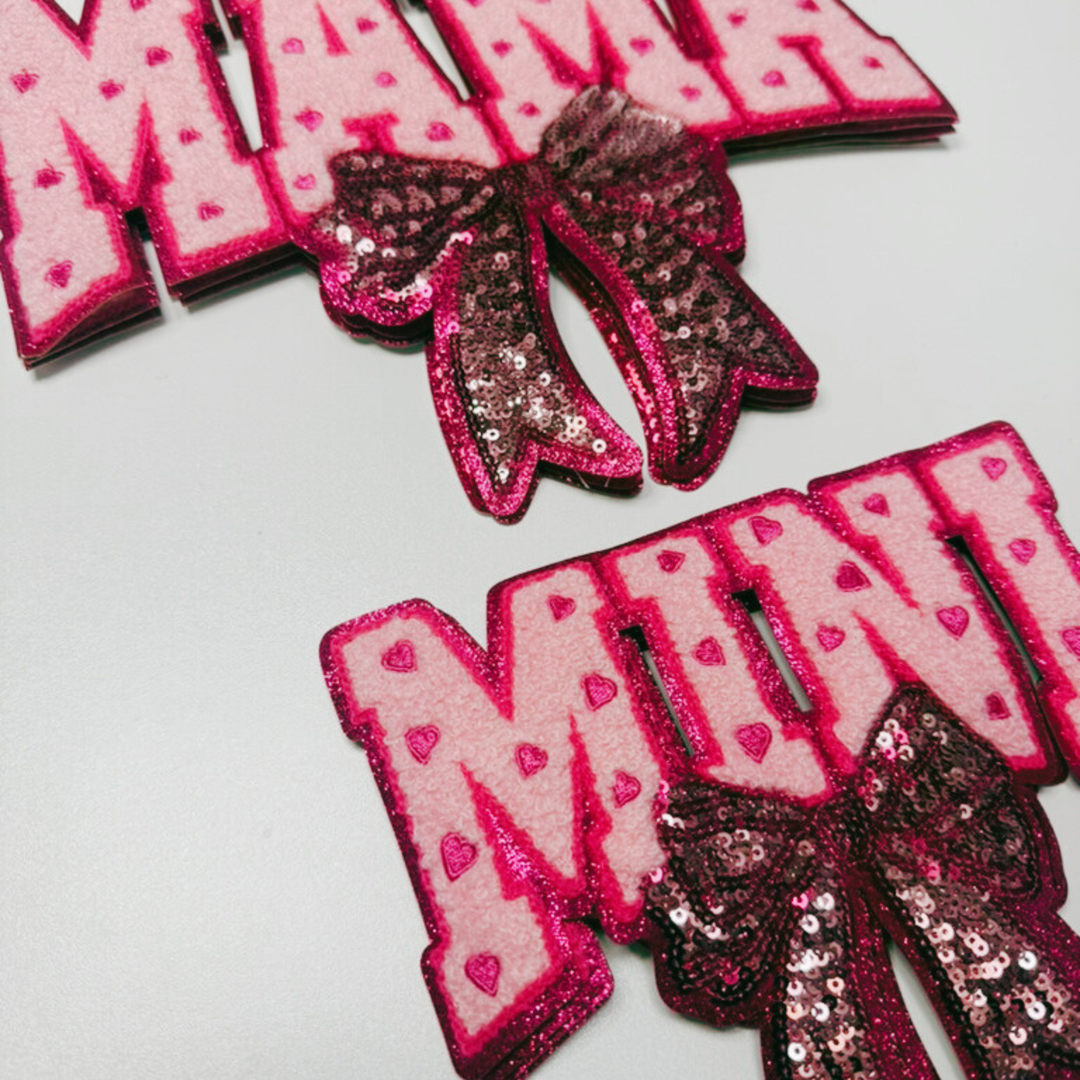 10.5” MAMA or 7" MINI Chenille patch with Sequin Bow - Sequin Patch