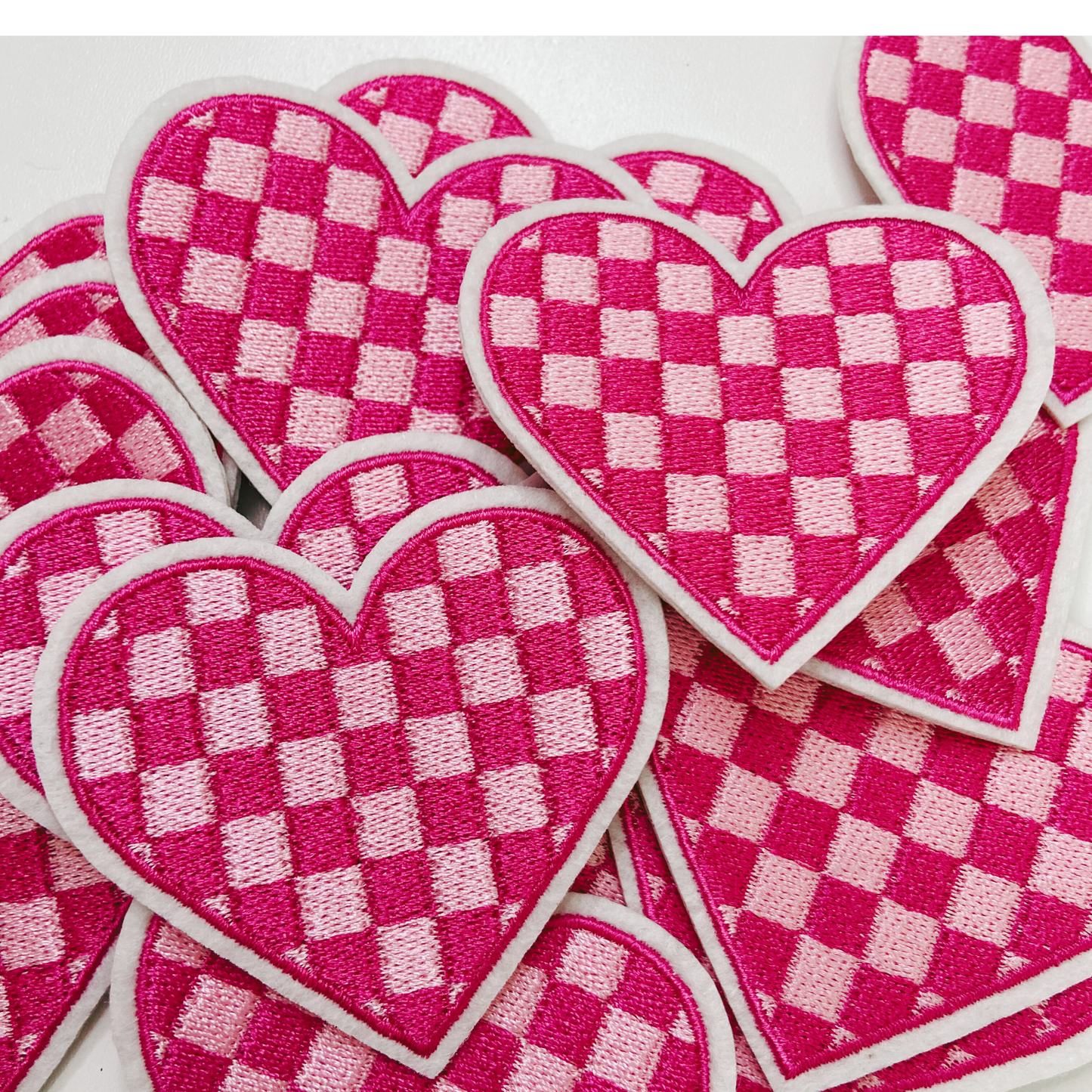 2.5” checkered pink heart    -  Embroidered Hat Patch