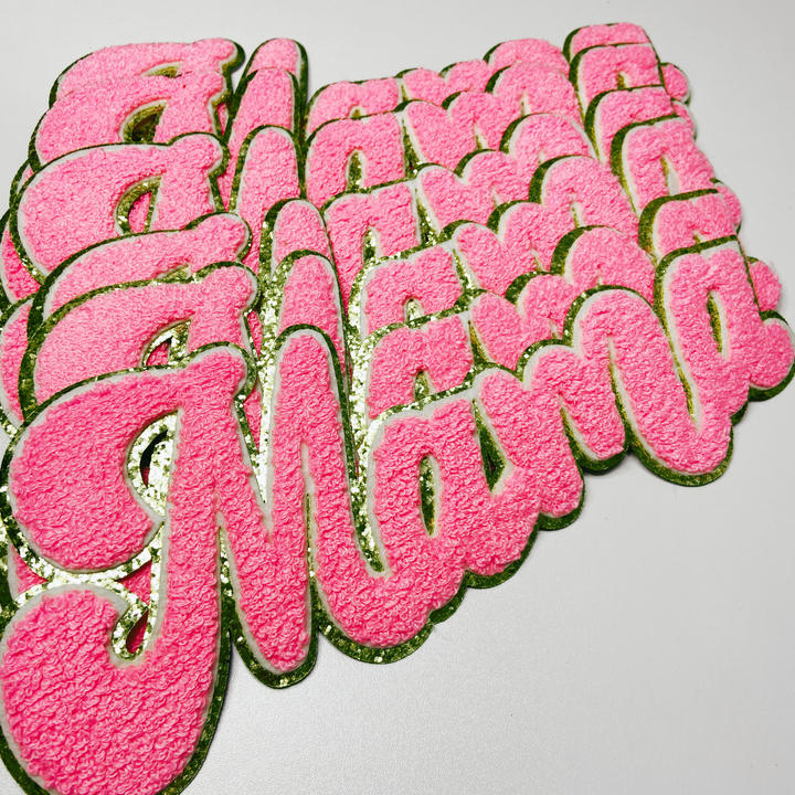 11" MAMA- Chenille Patch Bright Pink &amp; Gold