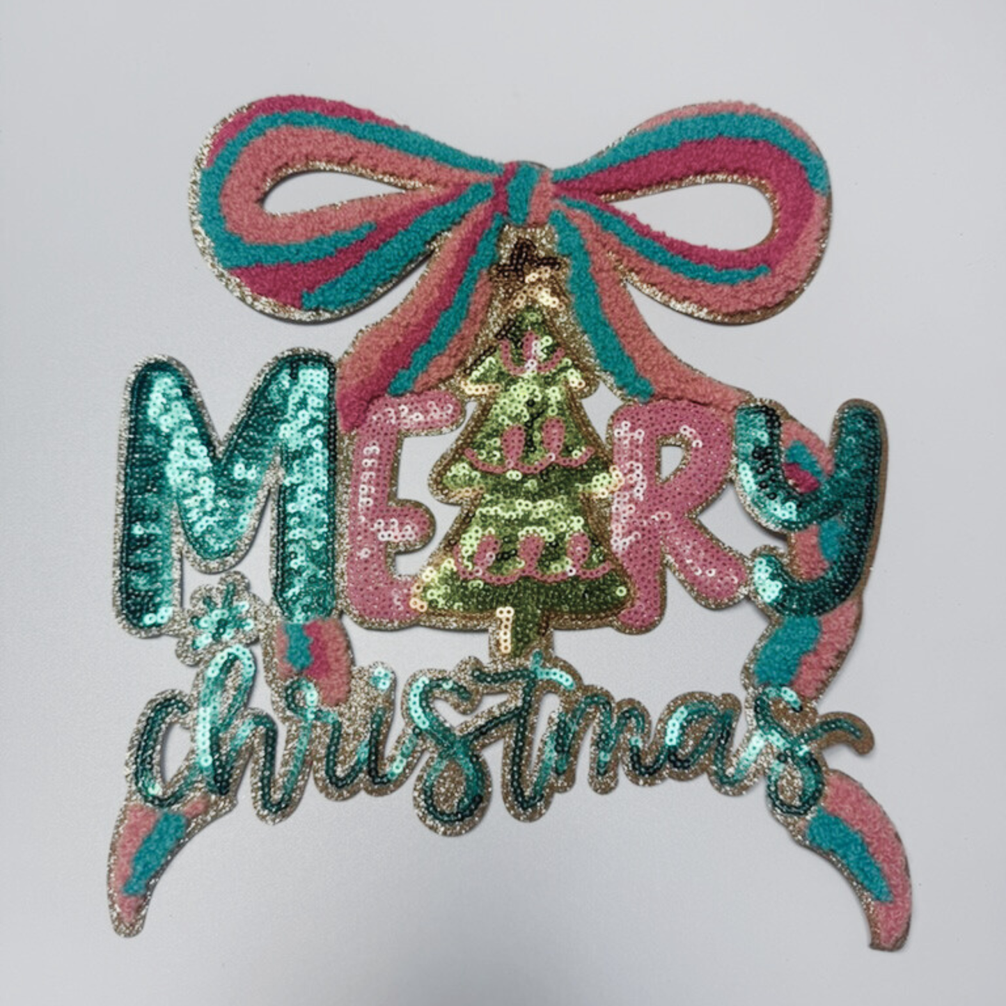 10.5"  Merry Christmas With Bow - Chenille & SEQUIN Patch