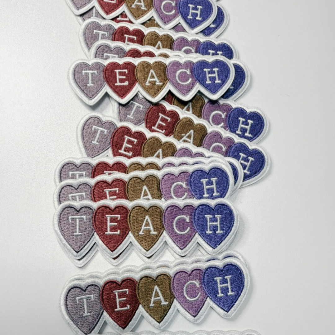 4" TEACH w Hearts  -  Embroidered Hat Patch
