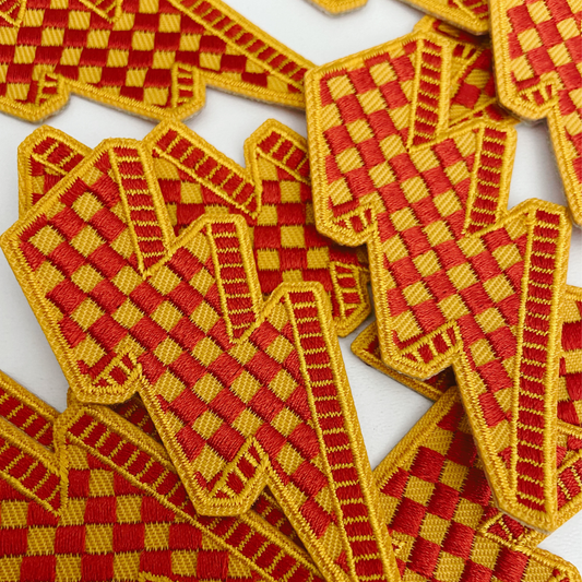 3” Checkered Lightning Red & Yellow -  Embroidered Hat Patch