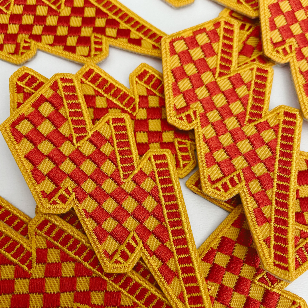 3” Checkered Lightning Red &amp; Yellow -  Embroidered Hat Patch