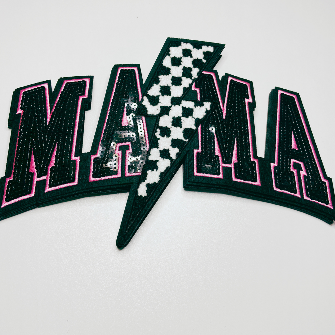 10.75” x 7" Mama w/ checkered Lightning - Sequin &amp; Chenille Patch