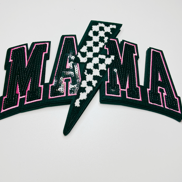 10.75” x 7" Mama w/ checkered Lightning - Sequin &amp; Chenille Patch
