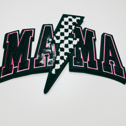 10.75” x 7" Mama w/ checkered Lightning - Sequin & Chenille Patch