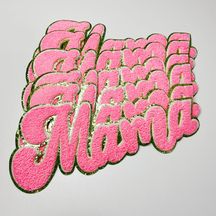 11" MAMA- Chenille Patch Bright Pink &amp; Gold